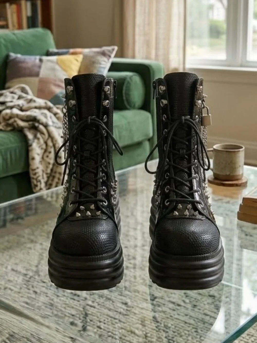 NIB Black Platform Goth Combat Boots Mesh Studded Punk Rave Ankle Booties